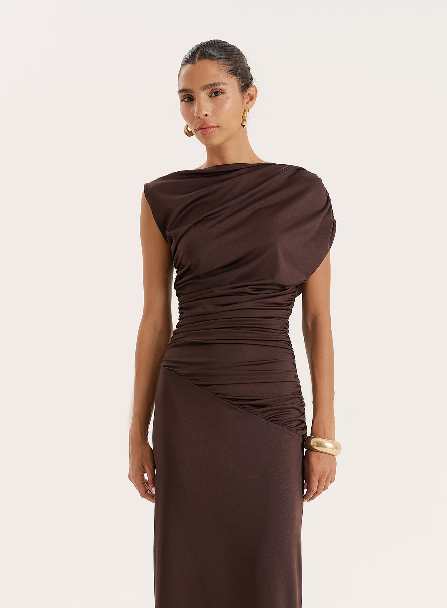 Chocolate Ruched Sleeveless Maxi Dress